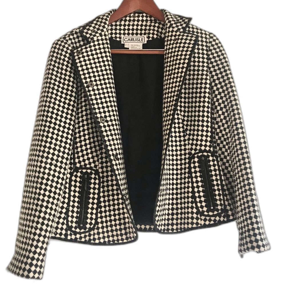 Vintage Carlisle Checkered Wool Black and Cream Moto Style Jacket